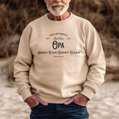 Grandpa Sweater, Pregnancy Reveal, Stylish Sweaters, Gildan Sweatshirts, Pregnancy Reveals, Grandpa Gifts, 8 Days, Personalized Shirts, Kid Names