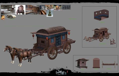 ArtStation - Ancient Chinese Carriage Design, Min Luo Chinese Carriage, Chinese Courtyard, Medieval Drawings, China Architecture, Space Ship Concept Art, China Art, Dog Gear, Fantasy Art Landscapes, Ancient China