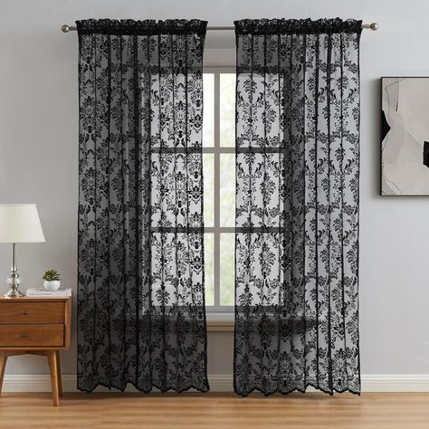 Rosdorf Park Froehlich Polyester Sheer Curtains / Drapes Pair & Reviews - Wayfair Canada Black Lace Curtains, Black Sheer Curtains, Lace Curtain Panels, Lace Window, Voile Curtains, Sheer Curtain Panels, Black Curtains, Lace Curtains, Elegant Bedroom