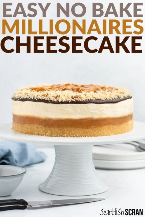 Millionaire Shortbread Cheesecake, No Bake Millionaire Cheesecake, Millionaires Cheesecake Recipes, Tuxedo Cheesecake Recipe, Millionaire Cheesecake, Millionaires Cheesecake, Groot Koeke, Scottish Scran, Unbaked Cheesecake