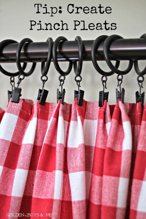 pinch pleats red and white check draperies with drapery clips-www.goldenboysandme.com Vintage Window Coverings, Cottage Kitchen Window Treatments, Farm Kitchens, Cortinas Country, Unique Window Treatments, Sew Curtains, No Sew Curtains, Kitchen Window Treatments, Primitive Kitchen