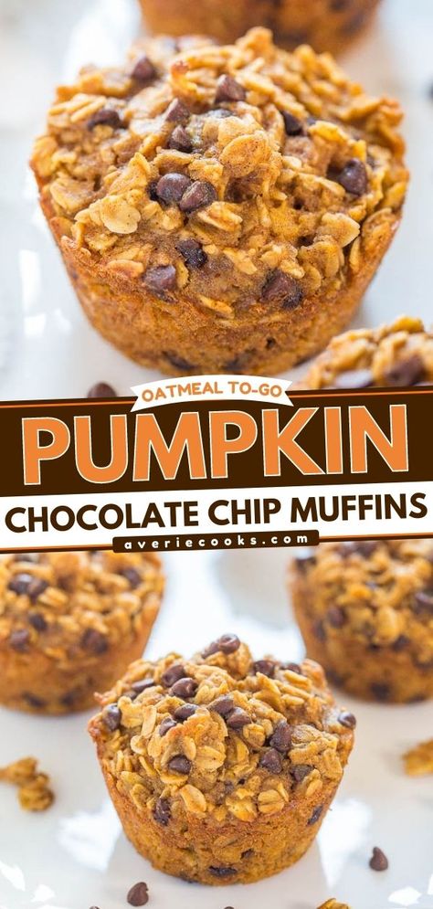 Hearty Oatmeal Pumpkin Chocolate Chip Muffins - Averie Cooks Baked Oatmeal Bites, Healthy Pumpkin Chocolate Chip Muffins, Easy Pumpkin Oatmeal, Pumpkin Oat Muffins, Pumpkin Oatmeal Muffins, Oatmeal Chocolate Chip Muffins, Oatmeal Bites, Pumpkin Oats, Pumpkin Breakfast