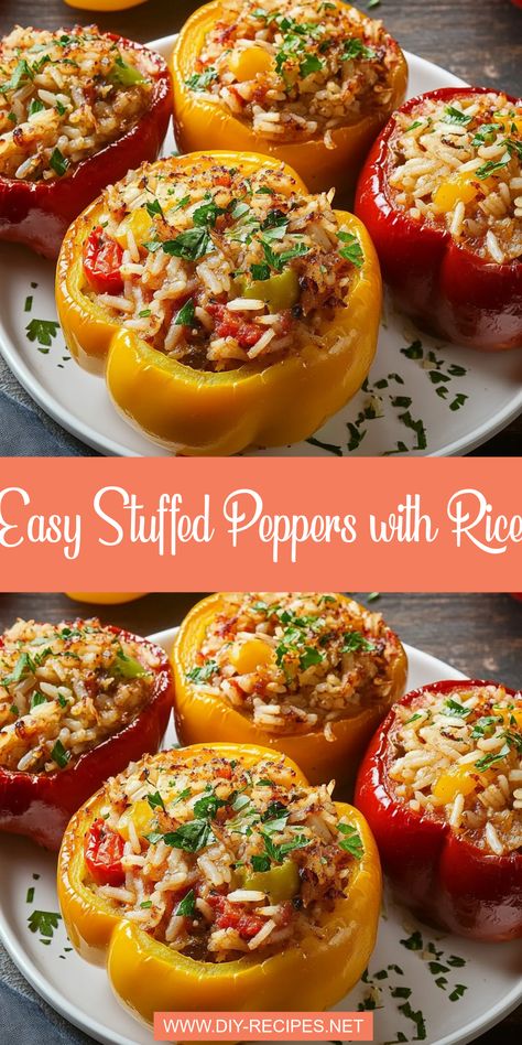 Try these delicious stuffed peppers filled with ground beef, rice, and cheese! A comforting family dinner ready in under an hour. Filled Peppers Beef, Best Stuffed Pepper Casserole, Stuffed Bell Peppers With Zucchini, Beef Stuffed Peppers Recipe, Stuffed Peppers With Tomato Soup, Fall Stuffed Peppers, Stuffed Green Peppers With Rice, Recipe For Stuffed Peppers Ground Beef, Stuffed Peppers With Ground Chicken