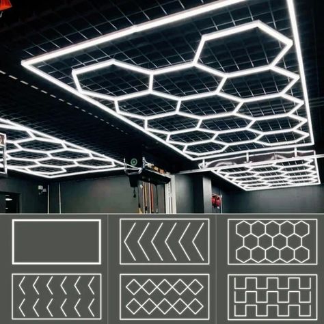 Hexagon Lights Garage, Garage Lighting Interior Ceilings, Garage Upgrades, Ceiling Led Lights, Workshop Lighting, Hexagon Lights, Magnetic Track Light, Garage Lights, Gym Lighting