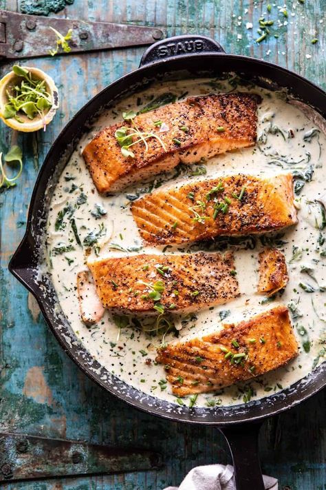 Newlywed Recipes, Spinach Salmon, Creamy Salmon, Mediterranean Meals, Healthy Salmon, Harvest Recipes, Salmon Dishes, Midweek Meals, Half Baked