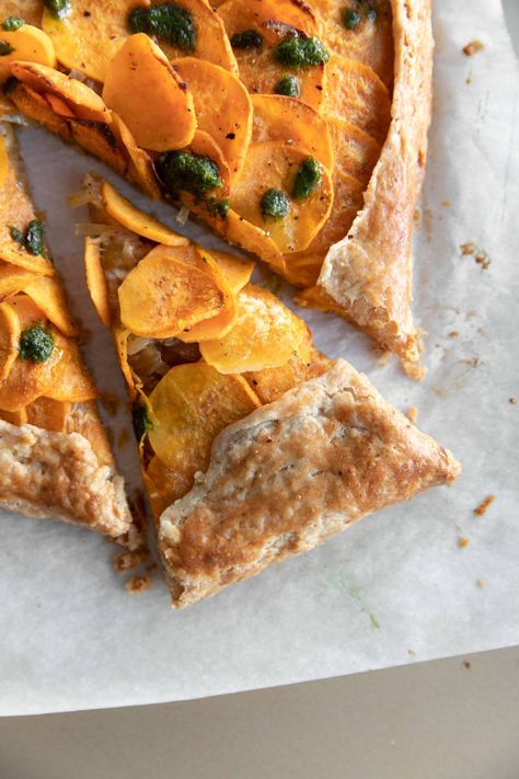 sweet potato galette - the palatable life Sweet Potato Galette, The Palatable Life, Palatable Life, Galette Recipes, Savory Sweet Potato, Potato Galette, Homemade Crust, Herb Oil, Recipe Potato