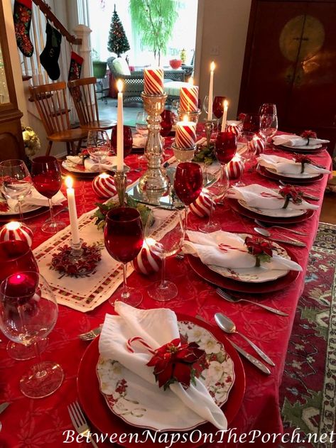 Entertain with a Candy Cane Table Setting for Christmas Christmas Dinner Table Settings, Christmas Dining Table, Christmas Dinner Table, Christmas Table Centerpieces, Holiday Table Settings, Dinner Table Setting, Holiday Table Decorations, Christmas Tablescapes, Christmas Table Settings