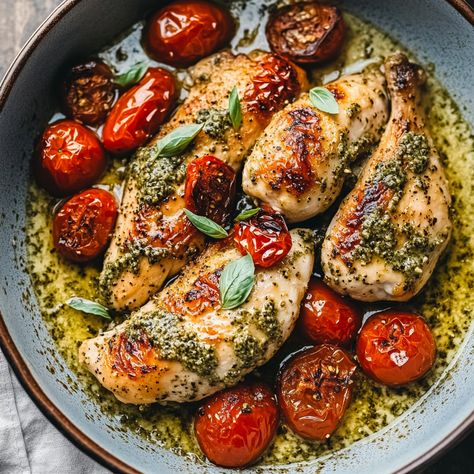 Chicken With Roasted Tomatoes, Pesto Chicken Recipes, Tomato Pesto Chicken, Chicken And Halloumi, Creamy Pesto Chicken, Fresh Basil Pesto, Basil Pesto Chicken, Creamy Pesto Sauce, Chicken Pesto Recipes