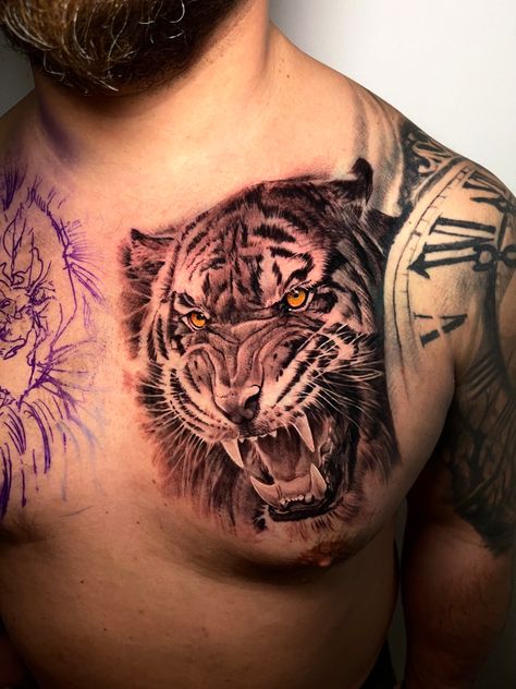 realistic tattoo Tattoo Chest Men, Ryan Tattoo, Typographic Tattoo, Big Cat Tattoo, Tattoo Chest, Typography Tattoo, Mens Lion Tattoo, Realistic Tattoo, Chest Piece