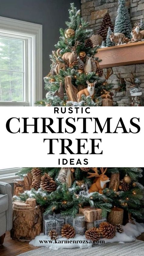 Rustic Christmas Tree Ideas-30 Christmas Tree Ideas and Themes. Bring the forest indoors with a woodland animal-themed Christmas tree idea. Add cute animal ornaments, plaid accents, and natural touches for cozy, rustic Christmas tree decorations. Cozy Farmhouse Decor, Woodland Christmas Ornaments, Glam Christmas Tree, Christmas Styles, Elegant Christmas Tree Decorations, Woodland Christmas Tree, Country Christmas Trees, Christmas Tree Forest, Christmas Tree Inspo