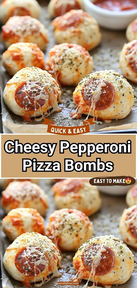 If you’re looking for a snack or appetizer that’s fun, easy, and bursting with flavor, these Cheesy Pepperoni Pizza Bombs are the perfect solution. With gooey mozzarella, savory pepperoni, and a golden, seasoned crust, every bite is a mini pizza explosion. Great for parties, game days, or a quick family treat, these pizza bombs are sure to be a hit. Pepperoni Pizza Biscuit Bites, Pepperoni Pizza Rolls Recipe, Pepperoni Pizza Balls, Homemade Pizza Bites Recipe, Pepperoni Pizza Appetizers, Appetizers Using Pizza Dough, Easy Pizza Rolls Recipes, Appetizer Pizza Recipes, Pepperoni Bites Appetizers