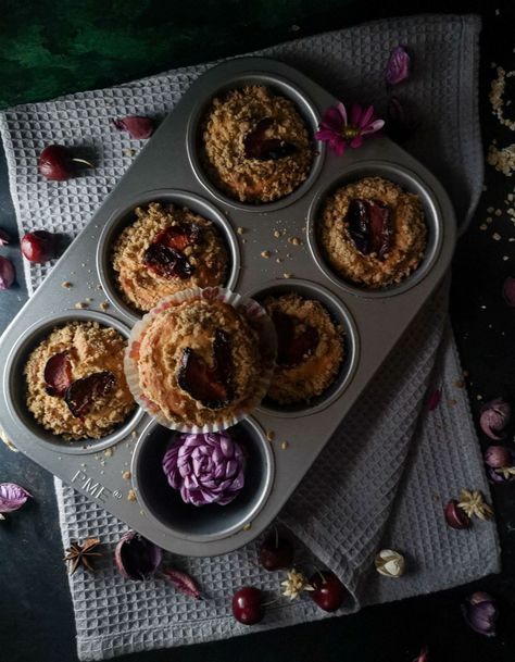 Small Batch Plum Crumble Muffins Recipe - Pink Haired Pastry Chef Plum Cupcakes, Plum Muffins, Crumble Muffins, Plum Crumble, Muffin Batter, Cupcake Tins, Cinnamon Milk, Pastry Chef, Muffin Recipes