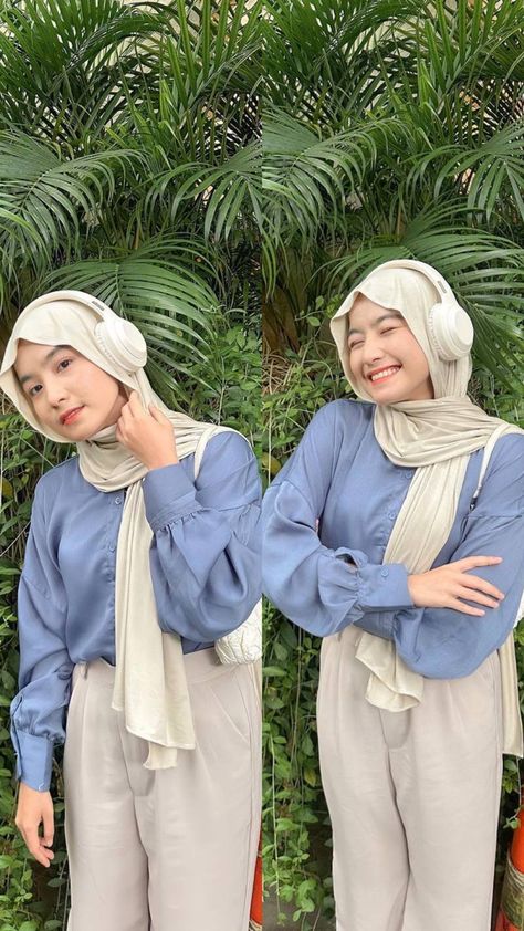 Blue Hijab Outfit, Bali Ootd, Ootd Korean Style Hijab, Pastel Ootd, Outfit Kantor, Simple Outfits Hijab, Ootd Pastel, Outfit Ngampus, Blue Hijab