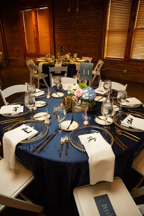 White Table Cloth With Gold Runner, Champagne Gold And Blue Wedding, Navy Blue Reception Decor, Royal Blue And Gold Wedding Decorations, Royal Blue And Gold Wedding Theme, Blue Dinner Party, Champagne Gold Bridesmaid Dresses, Gold Summer Wedding, Navy White Wedding