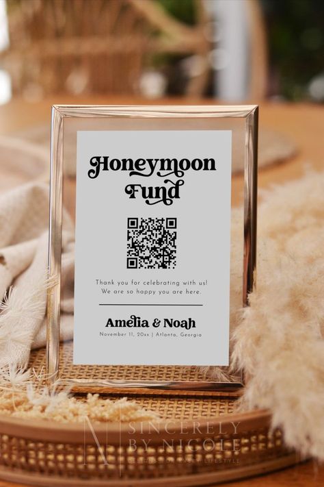 Honeymoon Fund Sign, Wedding Qr Code, Qr Code Sign, Honeymoon Fund, Retro Wedding, Sign Wedding, Wedding Signage, Sign Templates, Printable Signs