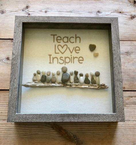 Pebble Art by Jen. Great Gift Idea for Teachers. Nature Inspired Art, Natural Elements, Shadow Box Art, Rock Art. Teach, Love, Inspire! Pebble Art For Teachers, Pebble Art Teacher Gift, Teacher Pebble Art Gift Ideas, Rock Shadow Box Ideas, Teacher Pebble Art, Pebble Art Ideas Inspiration, Pebble Art Ideas Diy, Stone Pictures Pebble Art, Appreciation Gifts Diy