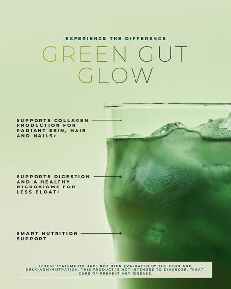 Green Gut Glow, Glow Drink, Healthy Microbiome, Flatter Stomach, Prebiotics And Probiotics, Green Drinks, Vegan Nutrition, Martial Arts Workout, Independent Consultant