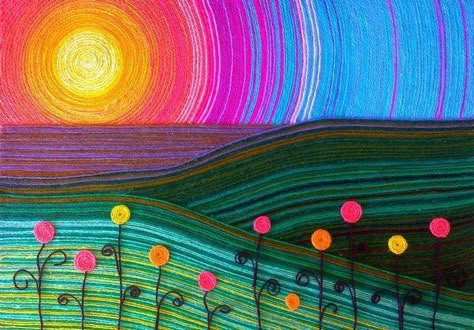 Yarn Pictures Art, Yarn Painting Art Ideas, Yarn Art On Canvas, Mexican Yarn Art, Yarn Painting Art, Yarn Art Projects, Summer Art Projects, Yarn Painting, Yarn Wall Art