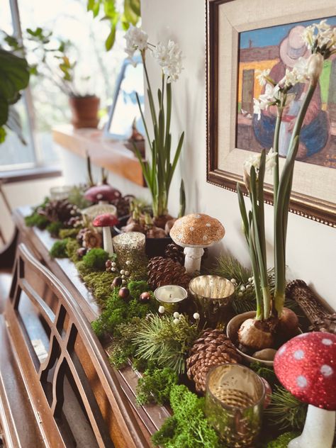 Papier mache Mushrooms, paperwhites Mushroom Mantle Decor, Cottage Core Table Centerpiece, Cottage Core Mushroom Aesthetic, Mushroom Core Decor, Christmas Mushroom Decor, Moss Mantle Decor, Woodland Mantle Decor, Cottage Core Centerpieces, Mushroom Centerpiece Wedding