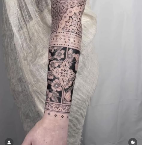 Aztec Wrap Around Tattoo, Hand To Forearm Tattoos For Women, Wrist Pattern Tattoo, Islamic Art Tattoo, Ornamental Half Sleeve Tattoo, Quilt Pattern Tattoo, Lattice Tattoo, Quilt Block Tattoo, Patterned Tattoos