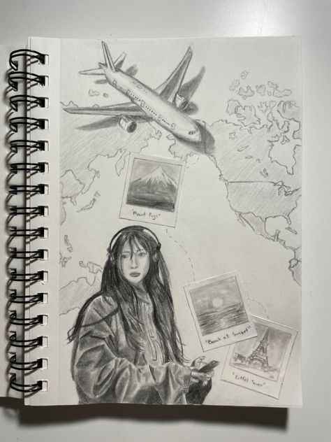 #pinterestgirl #drawing #sketch #sketchbook #art #vacation #polaroid #airplane Passport Sketch Drawing, Drawing Airplane Easy, Expedition Drawing Ideas, Drawing For Art Competition, Plane Window Drawing, Passport Sketch, Airplane Drawing Sketches, Vacation Sketchbook, Traveling Sketch