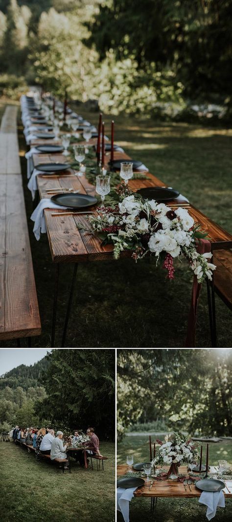 Cozy Wedding Reception, Long Wood Table, Family Style Weddings, Long Table Wedding, Cozy Wedding, Maggie Grace, Rustic Wedding Decorations, Beautiful Wedding Reception, Family Style Dinner