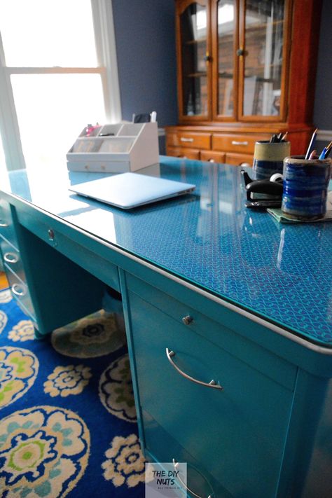 Learn how to redo an old metal tanker desk. You will love these DIY home office ideas to cheaply create an eclectic home office you will love. #diyhomeoffice #metaldesk #deskmakeover Old Metal Desk Makeover, Tanker Desk Makeover, Painted Metal Desks, Neat Room, Metal Desk Makeover, Funky Office, Metal Office Desk, Craft Nook, Desk Makeover Diy