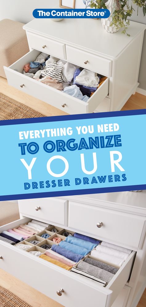 Keep those drawer nice and neat with these awesome organizers Dresser Storage Ideas, Aesthetic Drawer, Organization Dresser, Dresser Top Organization Ideas, Organizing Aesthetic, Nursery Drawer Organization, Small Drawer Organizer, Sock Drawer Organization, Drawers Diy