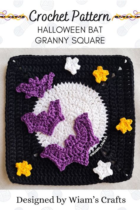 Halloween Bats Granny Square ~ Wiam's Crafts Spooky Crochet Squares, Bat Applique Crochet, Crochet Granny Square Halloween, Halloween Granny Squares Crochet, Witchy Granny Square Pattern, Witch Granny Square, Gothic Granny Square Crochet Pattern, Halloween Granny Square Pattern, Crochet Bat Applique