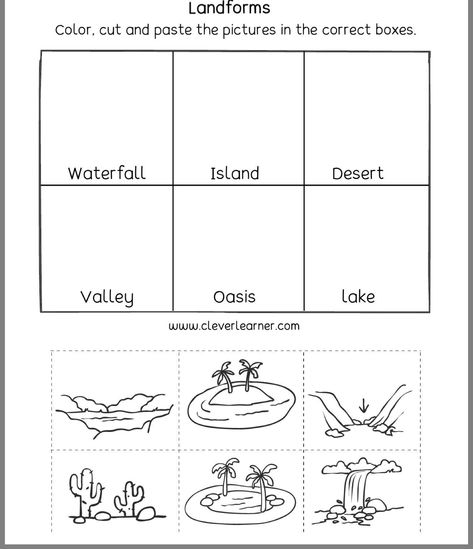 Landform Worksheet, Landforms Worksheet, Family Tree Worksheet, Kindergarten Worksheets Printable, College Money, Elementary Activities, Water Cycle, Alphabet Worksheets, Grade 4