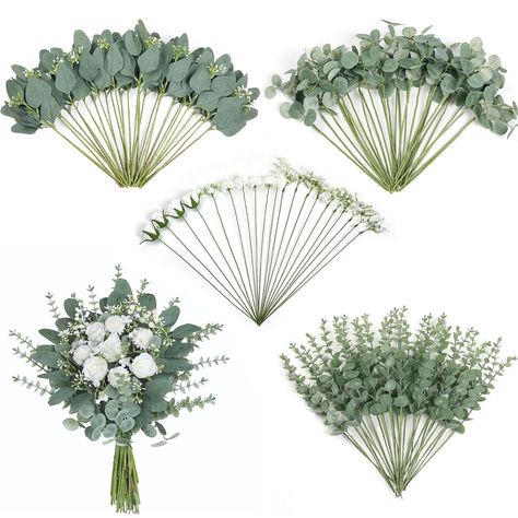 PRICES MAY VARY. [110 Pcs 7 Kinds Mixed Eucalyptus and Flowers]: You will receive 110 eucalyptus leaves and flowers in 7 different styles, including 90 eucalyptus leaves, 18 flowers and 2 berries, enough to meet your wedding table decoration and various flower arrangements. [Qualitative materials]: Our artificial eucalyptus leaves are made of high quality plastic, artificial flowers are made of high quality silk.There is wire inside the stem, which can be bent at will.These eucalyptus leaves hav Mixed Eucalyptus, Home Decor Green, Artificial Branches, Dollar Eucalyptus, Diy Bouquets, Eucalyptus Branches, Unique Bouquet, Silver Dollar Eucalyptus, Flower Arrangements Diy