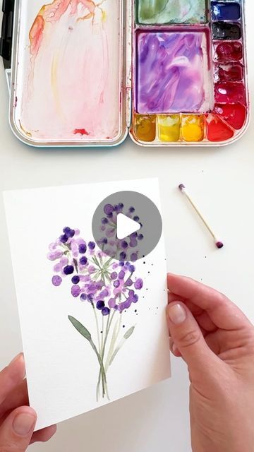 Anna Koliadych on Instagram: "Watercolor Q-tip technique with a cotton swab: just painting very simple wildflowers. Everyone can do this fun and easy technique 💜🥰🎨 #watercolor #watercolortechnique #watercolorillustration #watercolors #watercolortutorial #diy #crafts" Simple Floral Painting Ideas, 2024 Watercolor, Watercolor For Kids, Cards Making Ideas, Simple Watercolor Flowers, Paper Craft Flowers, Wavy Art, Diy Watercolor Cards, Floral Drawings