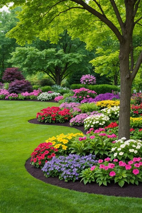 20 Best Landscaping Around Trees Ideas - Toolz Geek Flower Bed By House, Beautiful Landscapes Front Yard, Flowers Around Tree, Landscape Design Plan, Colorful Perennials, Garden Edging Ideas, Landscaping Around Trees, Beautiful Home Gardens, Front Garden Landscape