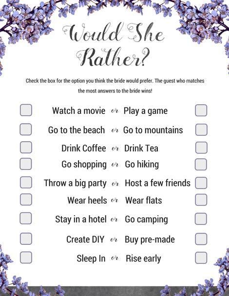 Bridal Shower Would You Rather Game Slate Theme | Bridal shower game to test guests’ knowledge of the bride or get to know her better! Available in rustic slate and violet theme to go great with chalk board signs/decor or as its own theme! Guest that matches the most answers to the bride’s answers at the shower wins! #bridalshowergames Bride Games, Violet Theme, Wedding Dress Quiz, Would You Rather Game, Would She Rather, Bridal Shower Planning, Signs Decor, Board Signs, Bloc Party