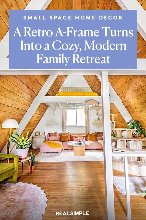 Space of the Week: A Retro A-Frame Turns Into a Cozy, Modern Family Retreat | Paul and Kristy Benson, the design team behind the Instagram account @bensondwelling, love the retro aesthetic of this A-frame home in Pennsylvania's Pocono Mountains. They wanted to refresh the family lounge with a vintage bright and light vibe that uses muted colors like mustard yellow, soft pink, and light oak wood. #decorideas #homedecor #decorinspiration #realsimple #smallspaceideas #apartmentideas Angular Architecture, Paint A Wall, Vibrant Bedding, Family Lounge, A Frame Cabins, White Beams, Cool Bookshelves, Pedestal Coffee Table, Pocono Mountains