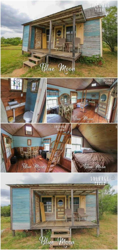 The Blue Moon Tiny House is a Cozy Dream Vacation House - Salvage Texas is a one-of-a-kind bed and breakfast where you can stay in a tiny house and take workshops on tiny house construction. You can even shop there for salvaged materials like those used in the beautiful tiny accommodations on the site. Tiny House Construction, Kind Bed, The Blue Moon, Best Tiny House, Building A Tiny House, Tiny House Inspiration, House Construction, Vacation House, Casa Container