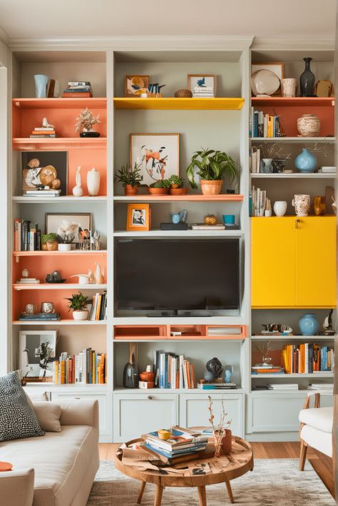 30 Colorful Living Room Ideas You Ever Seen Before – The Crafty Hacks Colorful Shelves, Colorful Living Room Ideas, Colorful Shelf, Designing A Room, Two Tone Walls, Painted Bookshelves, Moroccan Inspiration, Shelves Living Room, Colorful Living Room