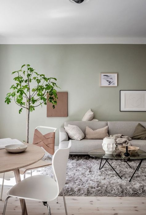 Green And Grey Walls Living Rooms, Light Green Living Room Decor Ideas, Sage Green Living Room Grey Sofa, Light Green Grey Living Room, Mint Green And Beige Living Room, Living Room With Light Green Walls, Mint Wall Living Room, Green Walls Grey Furniture, Pastel Green Living Room Ideas