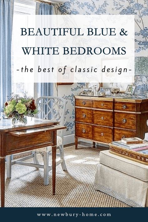 Blue and White Bedroom Ideas That Will Look Timeless - Newbury Home Blue And White Wallpaper Bedroom, Blue And White Chinoiserie Bedroom, White Wallpaper Bedroom, White And Blue Bedroom Ideas, Southern Living Bedroom, Blue Ceiling Bedroom, Timeless Bedroom Decor, Blue Bedroom Aesthetic, French Blue Bedroom