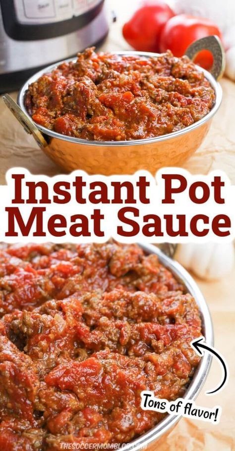 This easy Instant Pot spaghetti sauce from The Soccer Mom Blog is ready in 30 minutes, but tastes like it has been cooking all day! If your family loves spaghetti night, this tasty meat sauce is sure to be a hit! And it’s quick enough for busy weeknights! Try this quick and easy instant pot recipe today! Spaghetti Sauce Instant Pot, Instant Pot Meat Sauce, Instant Pot Meat, Instant Pot Spaghetti Sauce, Easy Instant Pot Spaghetti, Homemade Spaghetti Meat Sauce, Ground Beef Spaghetti Sauce, Pressure Cooker Spaghetti, Pressure Cooker Pasta