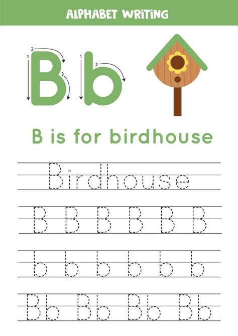 Learning to write letters for preschool kids. B is for bird house. Letters For Preschool, B Is For Bird, Learning To Write Letters, Alphabet Tracing Printables, Write Letters, Alphabet Writing, Alphabet Tracing, Learning To Write, Preschool Kids