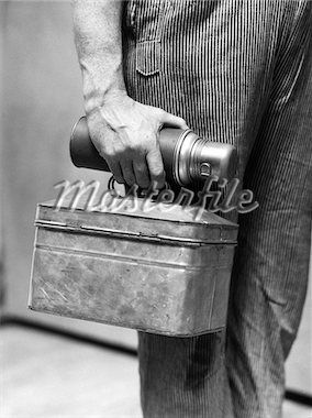 Stock Photo - 1930s WORKER MAN'S HAND CARRYING LUNCH PAIL & THERMOS BOTTLE Milk Pail, Lunch Pail, School Lunch Box, Thermos Bottle, Old School, Work Wear, Lunch Box, Halloween Costumes, Stock Photos