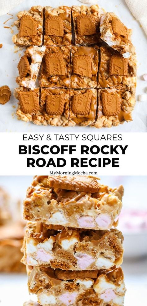 Easy Tray Bake Recipes, No Bake Traybake Recipes, Lotus Biscoff Recipes, Biscoff Rocky Road, Traybake Recipes, Traybake Cake, Slice Recipes, Rocky Road Recipe, Biscoff Recipes