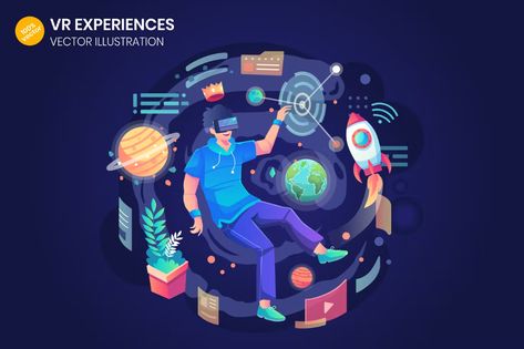 Vr Illustration Graphic Design, Vr Illustration, Vr Experience, Envato Elements, Flat Illustration, Virtual Reality, Concept Design, Science Poster, Illustration Design