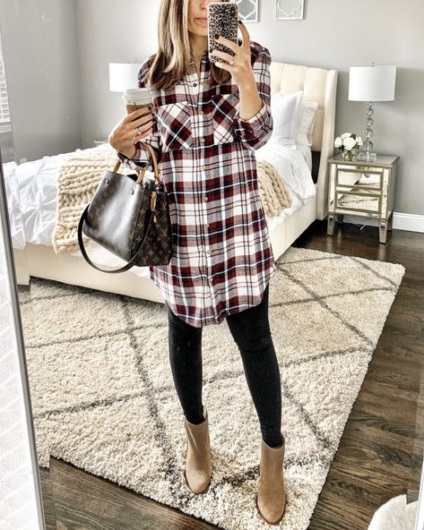 IG: @mrscasual | Plaid tunic, leggings, booties, & Louis Vuitton tote Plaid Dress With Leggings, Plaid Tunic With Leggings, Flannel Dress Outfit Winter, Tunic And Leggings Outfit Fall, Leggings Tunic Outfit, Leggings With Tunics Outfit, Flannel Tunic Outfit, Tunic Leggings Outfit, Dress With Leggings Fall