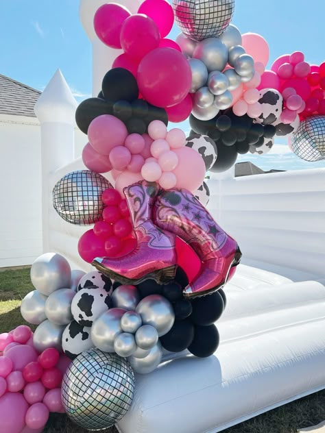 Rhinestone Cowgirl Party Theme, Barbie Cowgirl Birthday Party, Cowgirl 6th Birthday Party, Disco Cowgirl Balloon Arch, Disco Cowgirl 2nd Birthday Party, Barbie Rodeo Party, Disco Cowgirl Graduation Party, Rodeo Disco Party, Disco Cowgirl Table Decor