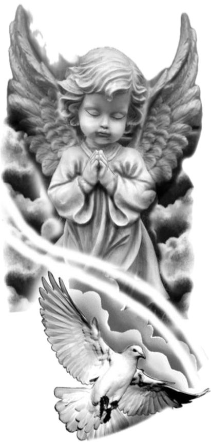 Cherubim Angels Tattoo, Cherub Tattoo Designs, Dark Angel Tattoo, Top Of Shoulder Tattoo, Angel Sleeve Tattoo, Guardian Angel Tattoo Designs, Portrait Tattoo Sleeve, Rose Tattoo Stencil, Arm Tattoos Drawing