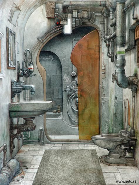 ArtStation - The bathroom, Boban Savić GETO Illustration Fantasy, Sci Fi Environment, Arte Robot, Interior Concept, Science Fiction Art, Environment Design, Environment Concept Art, Environmental Art, Dieselpunk