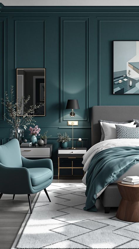 Dark Teal Bedroom Forest Paint Colors, Dark Teal Walls, Teal Bedrooms, Teal And White Bedroom, Dark Teal Bedroom Ideas, Dark Teal Bedroom, Teal Bedroom Ideas, Bedroom Teal, Teal Bedroom