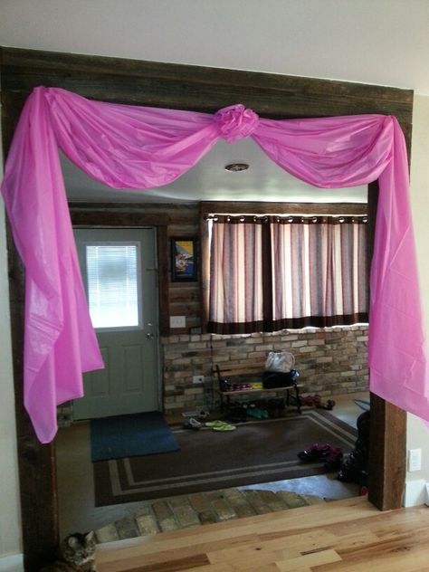 Doorway decoration for princess party made from plastic table covers Plastic Tablecloth Draping Ideas, Diy Table Cover Backdrop, Dollar Tree Princess Party Decorations, Table Cloth Decorations Birthday, Decorate With Plastic Tablecloth, Party Door Decoration Entrance Entryway, Dollar Tree Table Cloth Ideas, Dollar Tree Princess Party, Table Cover Ideas For Party